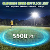 Flood light on a sports field with text highlighting its power and coverage area.
